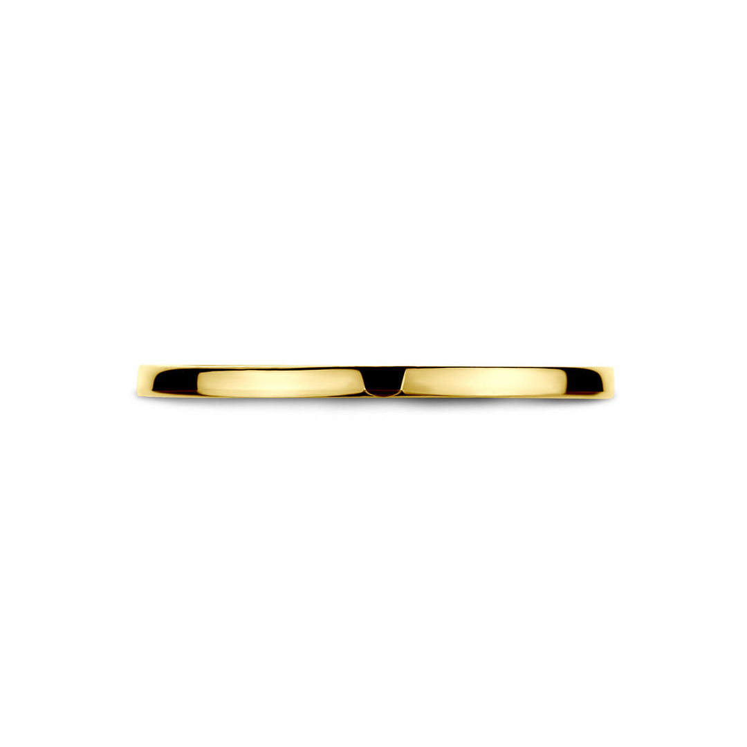 De Van der Kooij Collectie ring 14K geelgoud is een dunne, gepolijste gouden ring met een gladde, glanzende afwerking voor dames, afgebeeld op een witte achtergrond.
