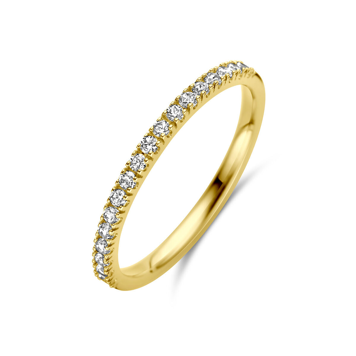 Anillo de oro amarillo de 14K con circonitas brillantes en el contorno.