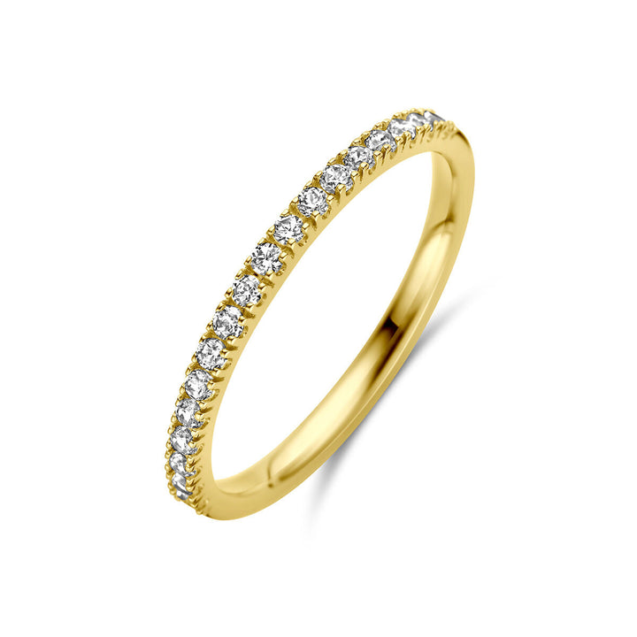 De Van der Kooij Collectie ring met geboortesteen zirkonia april is een delicate 14K geelgouden ring met een rij kleine, ronde zirkoniastenen langs de bovenste helft van de band, weergegeven op een witte achtergrond.