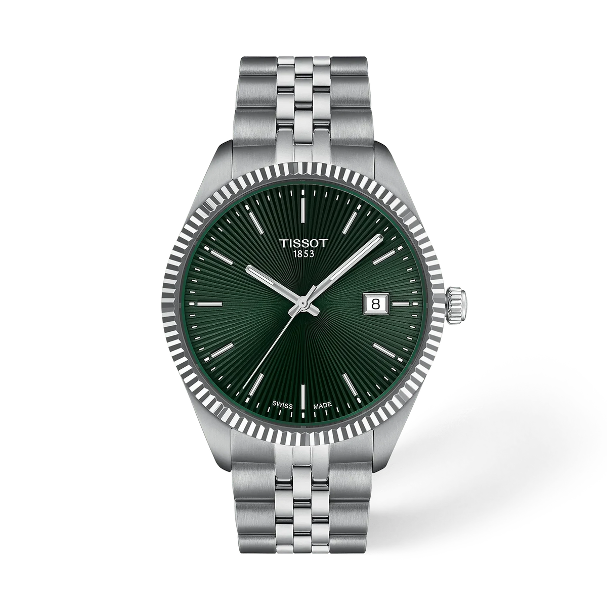 Reloj Tissot de 40 mm con esfera verde, caja de acero inoxidable y correa de eslabones.