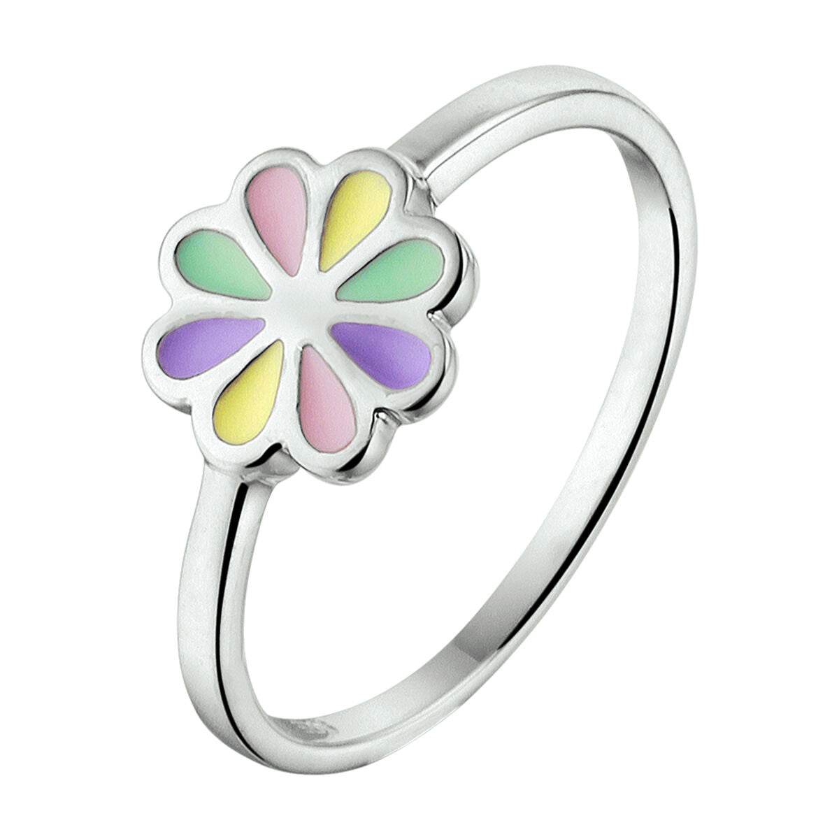 Anillo de flor plateado con detalles en colores pastel.