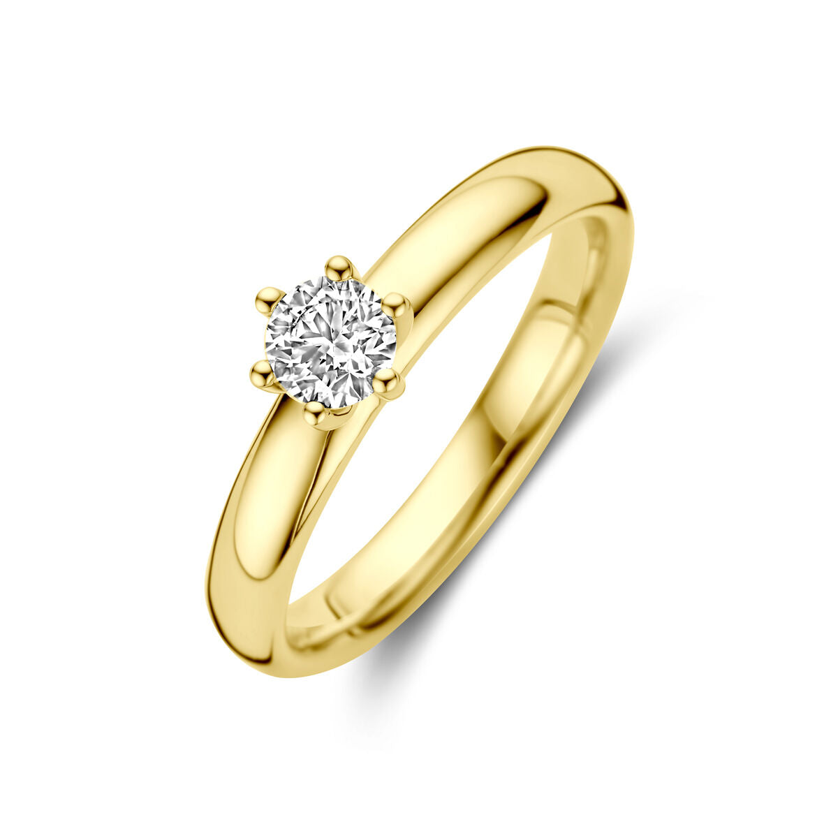 Anillo de compromiso de oro amarillo de 14K con diamante de 0.33 ct, corte brillante.