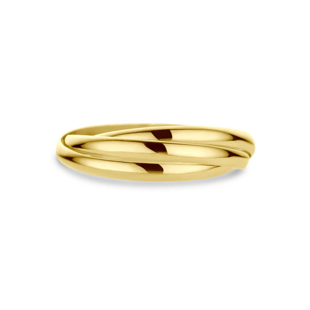 De Van der Kooij Collectie trinity ringen 14K geelgoud is een gepolijste damesring met een verweven drievoudige bandconstructie, afgebeeld op een witte achtergrond.