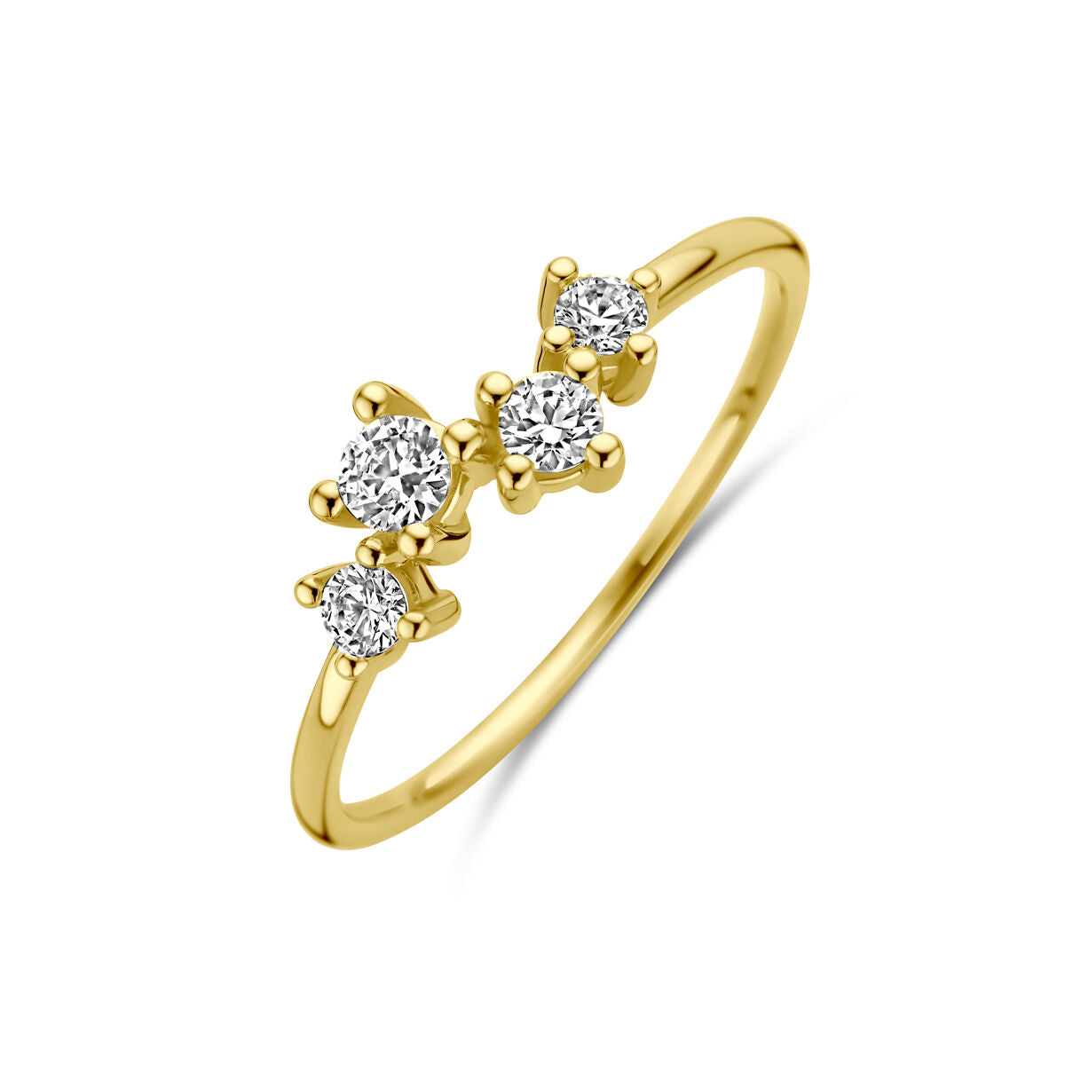 Anillo de oro amarillo de 14 quilates con tres circonitas brillantes.