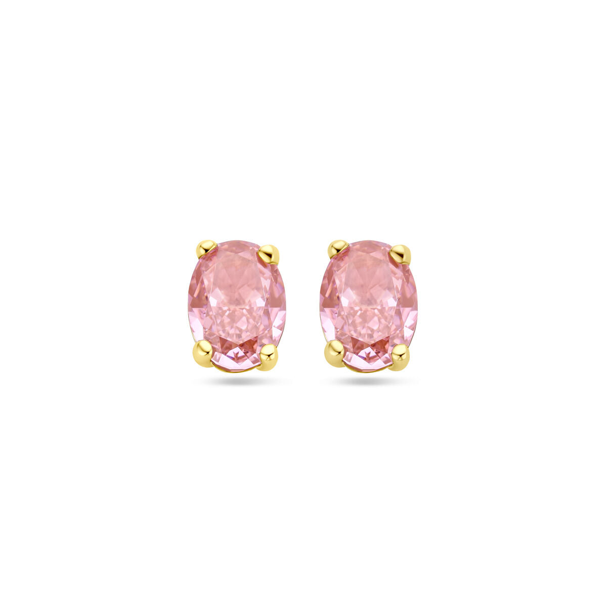 Pendientes de oro amarillo de 14K con zirconia padparadscha en forma ovalada.