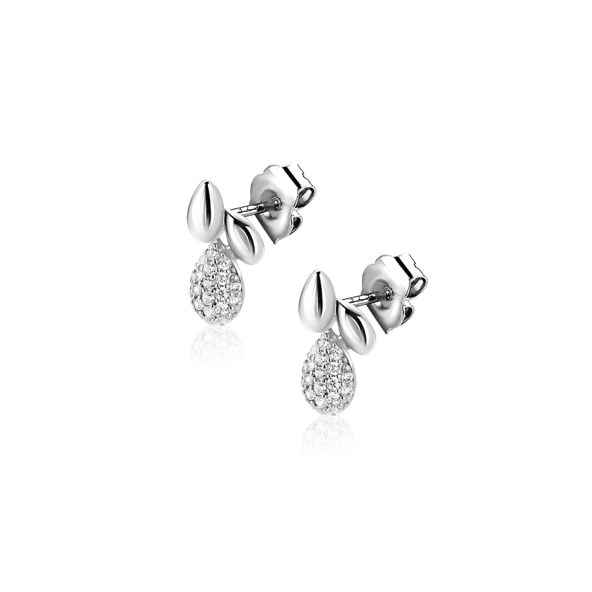 Pendientes de plata con diseño de gotas y detalles de circonitas brillantes.