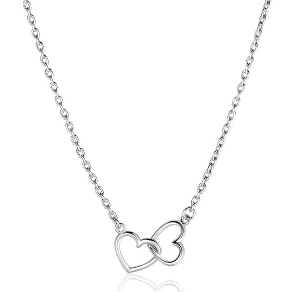 De Zinzi Ketting Zilver Zic2513 is een zilveren halsketting van Zinzi met twee in elkaar grijpende open hart hangers.