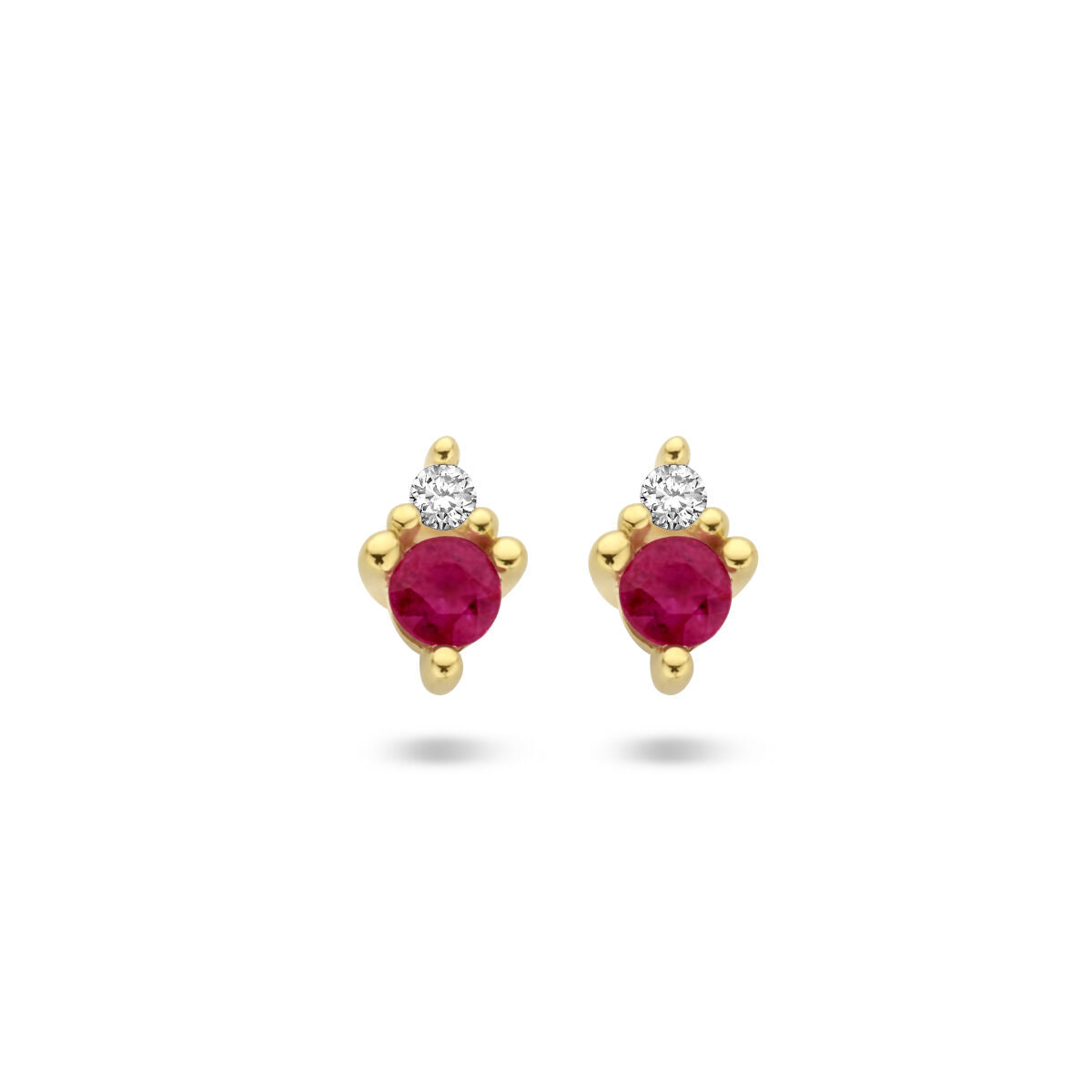Pendientes de oro amarillo de 14K con rubíes y diamantes de 0.02 ct (2x 0.01 ct).