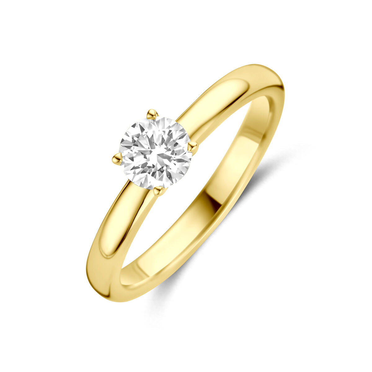 Anillo de dama de 14k en oro amarillo con un diamante lab-grown en engaste de cuatro garras.