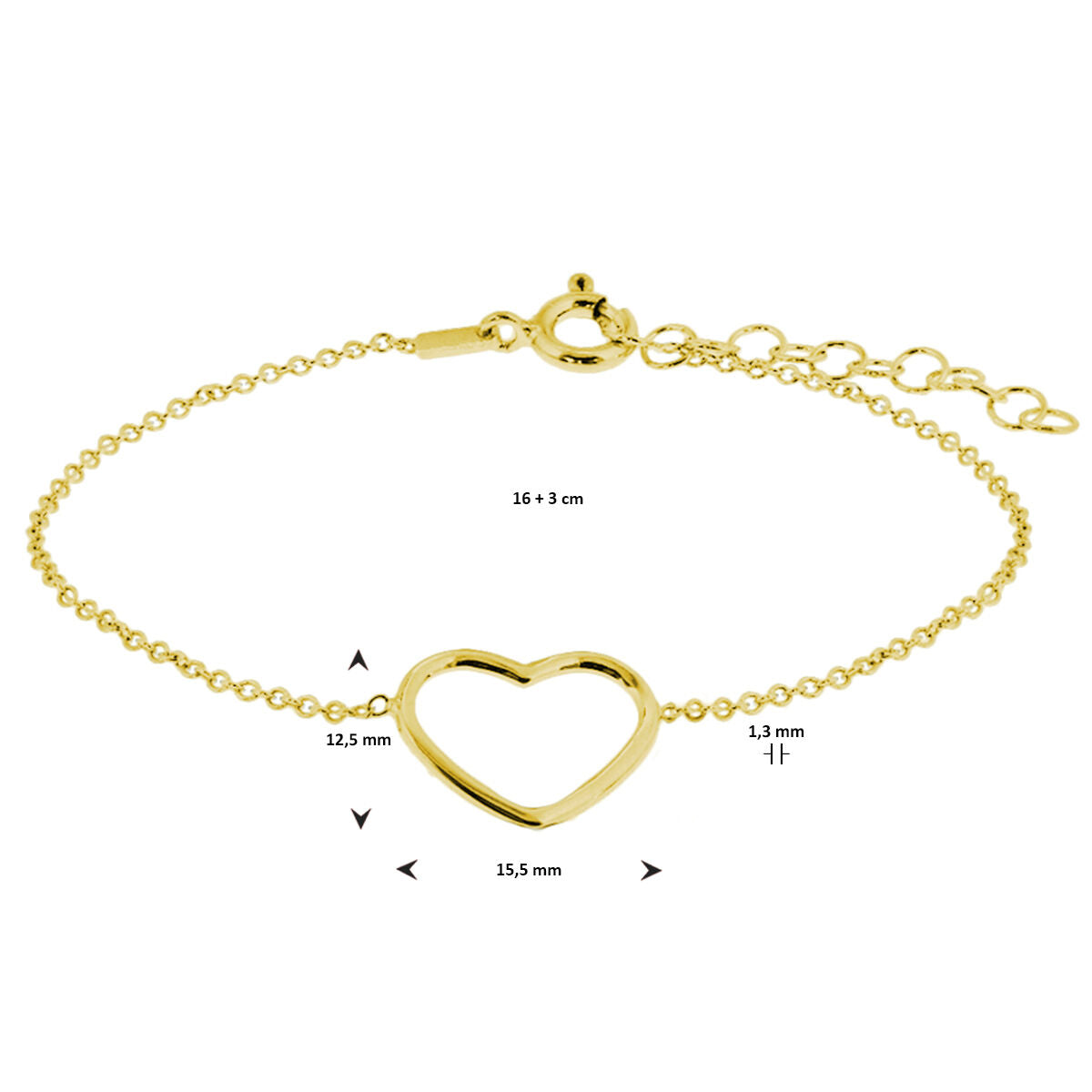 pulsera corazón 16 + 3 cm 3 micrones plata chapado en oro amarillo