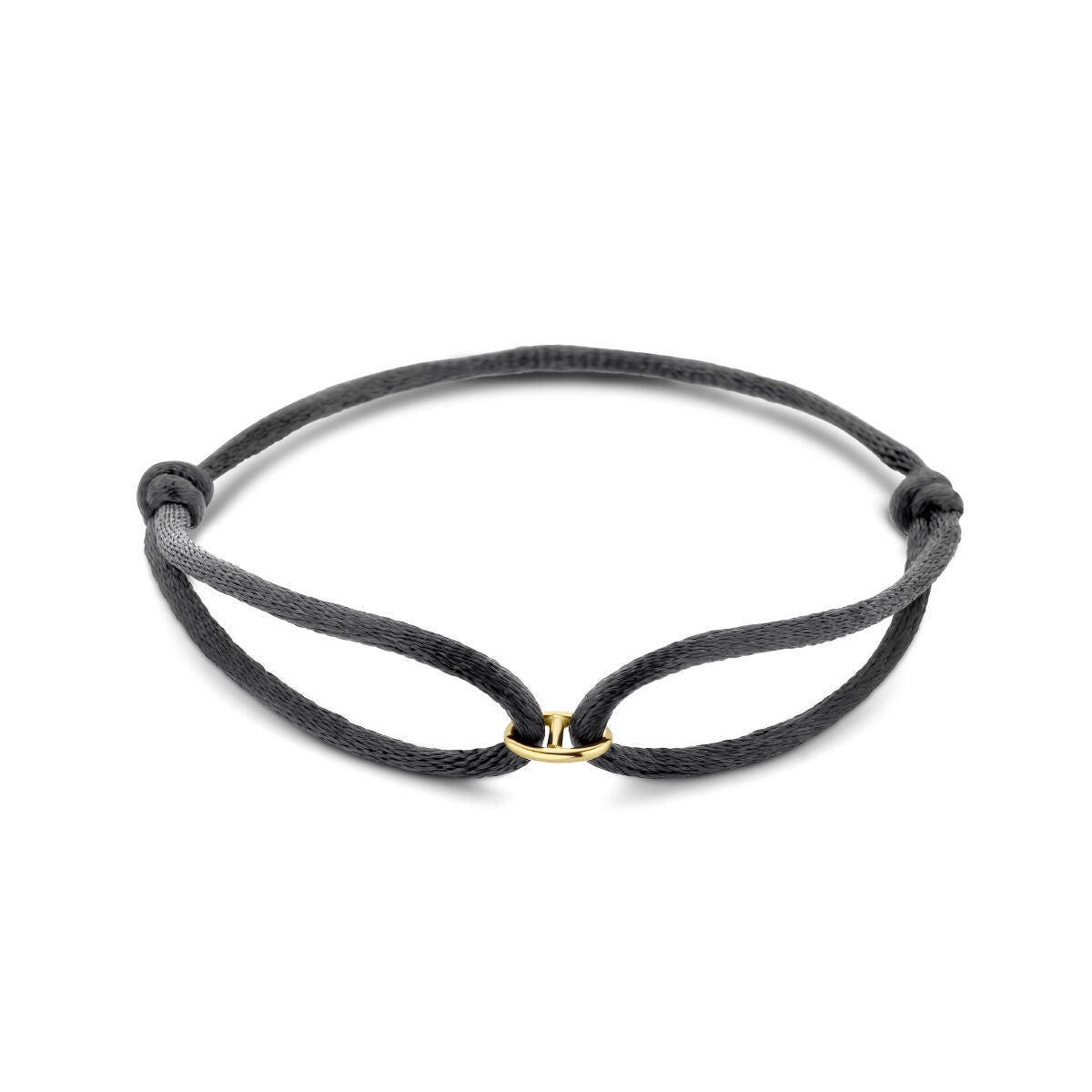 Pulsera de satén negra de 14K oro con detalles en goma y nylon, ajustable de 13 a 26 cm.