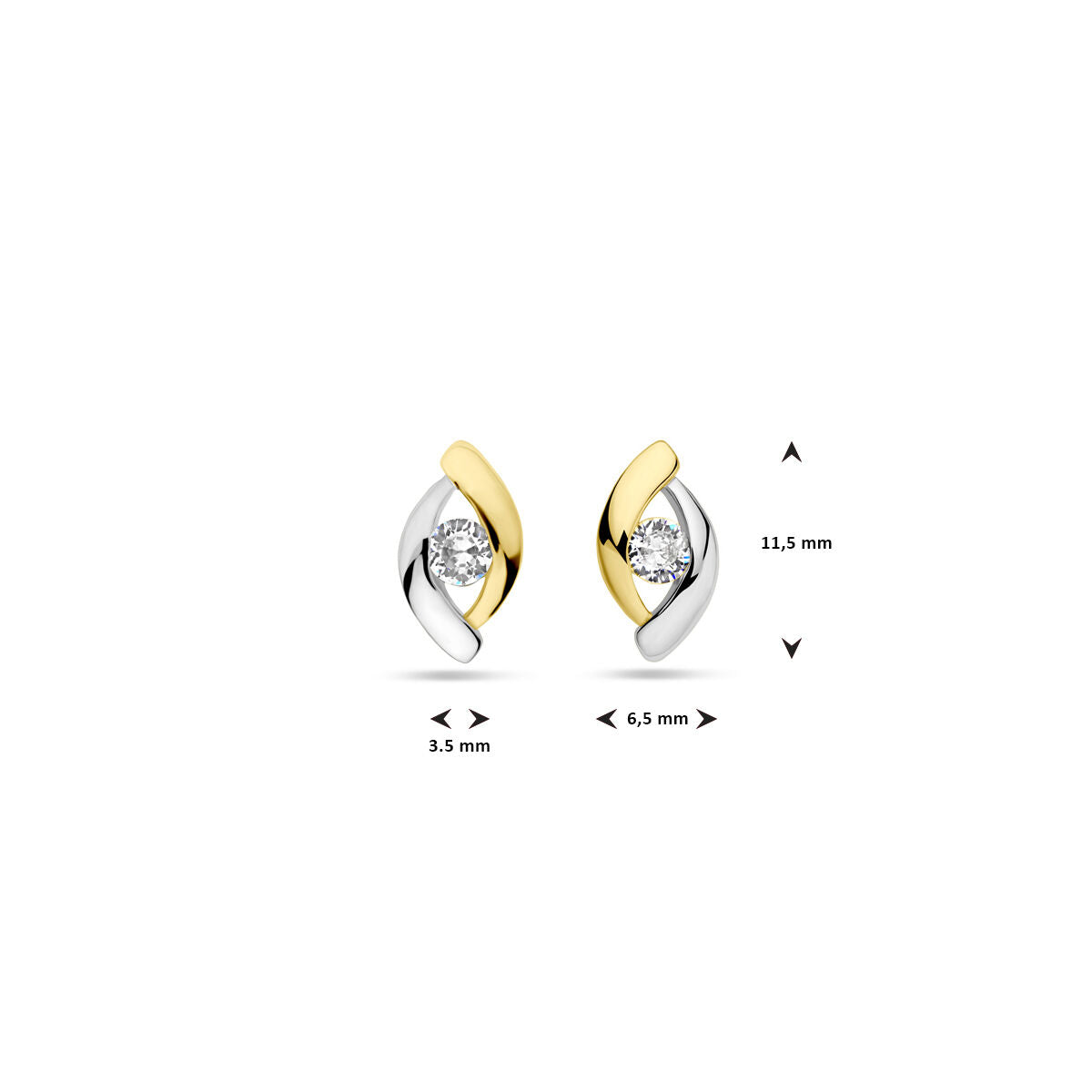 Van der Kooij Collectie oorknoppen zirkonia 1 micron zilver verguld (geel/rhodium): kleine studs met ronde zirkonia, deels geelverguld en deels 925 zilver. Afmetingen: 11,5 mm hoog, 6,5 mm breed, 3,5 mm diep.