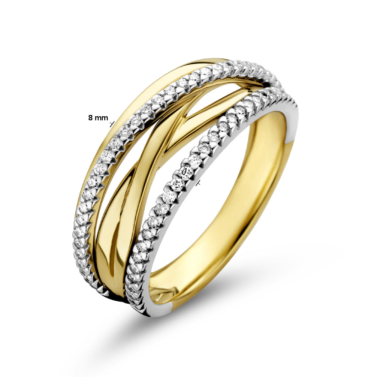 De Van der Kooij Collectie ring diamant 0,25ct H SI heeft een 8 mm brede band in 14K geel/wit bicolor goud, met verstrengelde motieven en een rij briljant geslepen diamanten langs het zilverkleurige gedeelte.