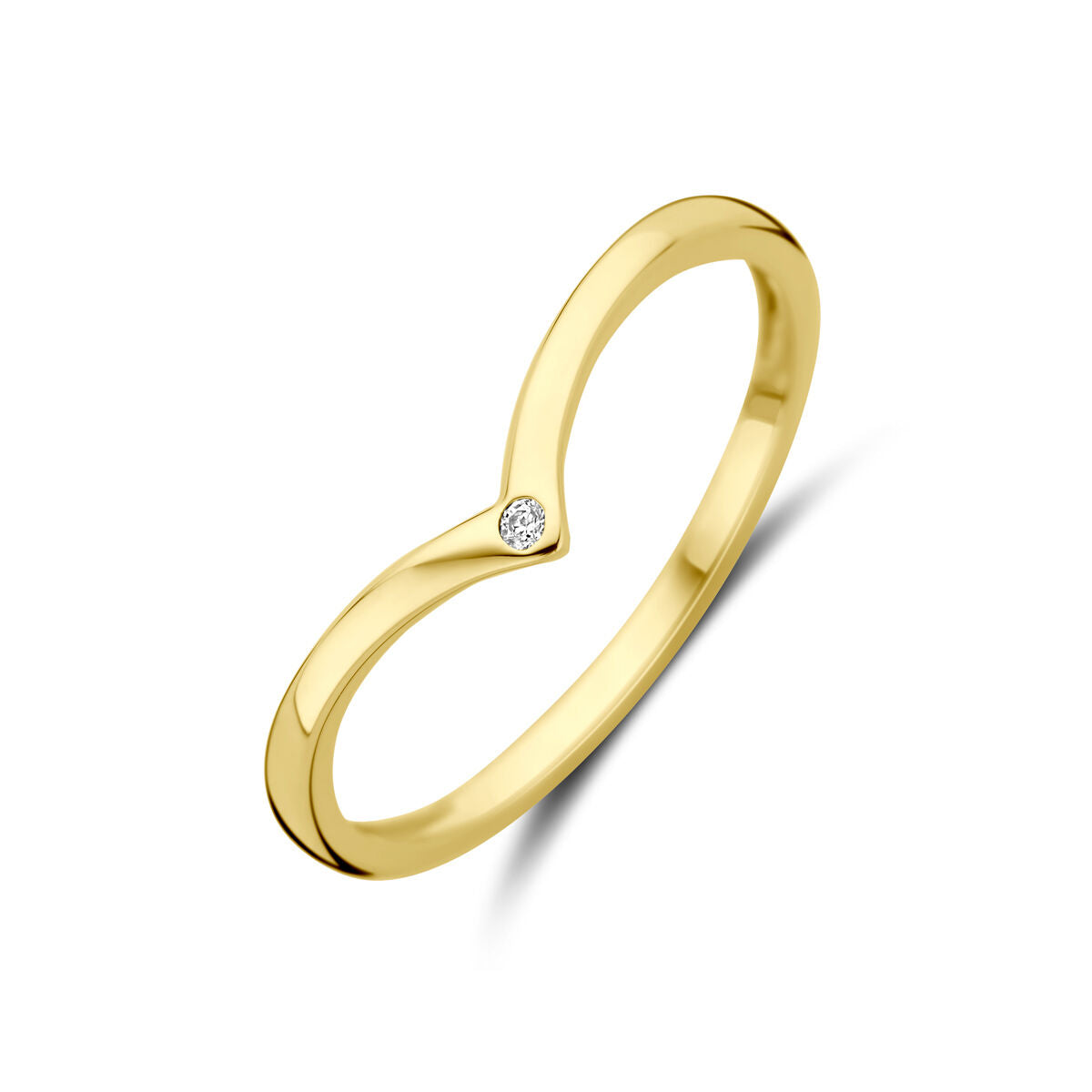Anillo de oro amarillo de 14K con circonita brillante en diseño minimalista.