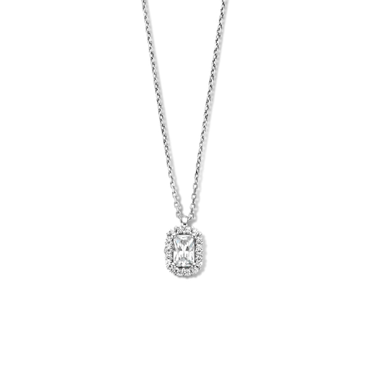 Collar de plata rodiada con colgante de zirconia en forma rectangular y detalles de halo.