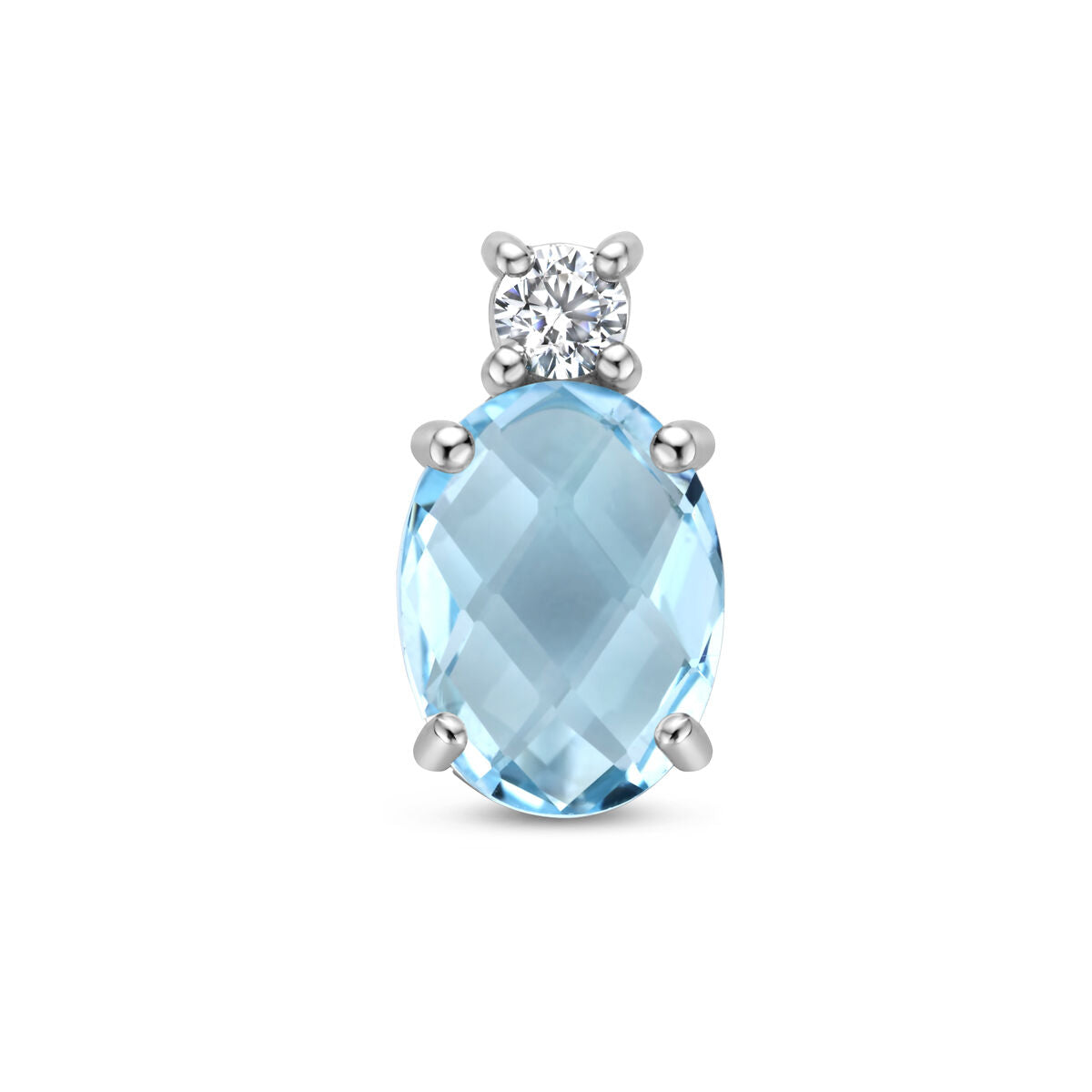Colgante de topacio azul ovalado con circonita en plata rodiada.
