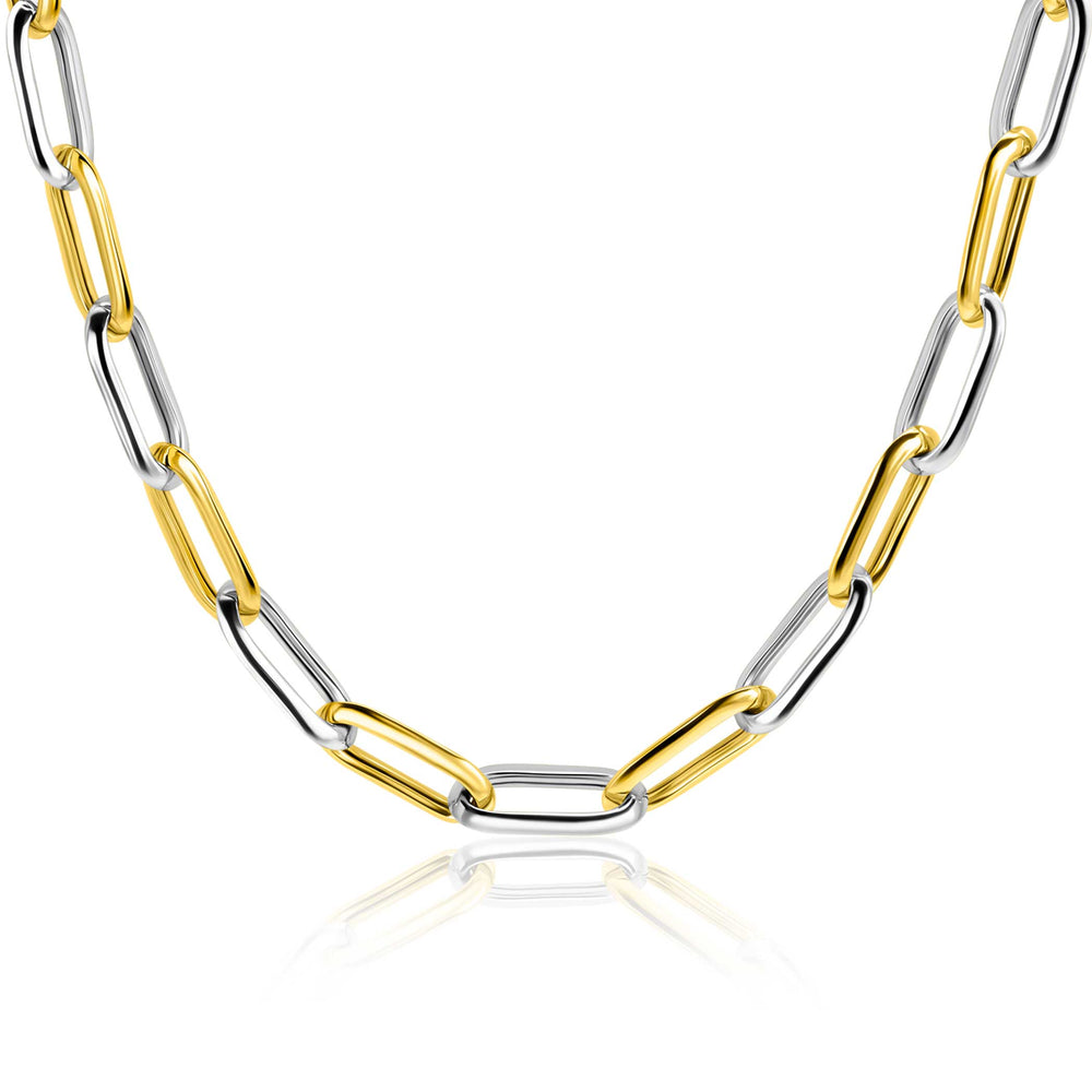 Een close-up van de Zinzi ketting ZIC2668 45cm van Zinzi, een opvallende tweekleurige ketting met afwisselend gouden en zilveren langwerpige schakels, afgebeeld op een witte achtergrond met een subtiele reflectie.