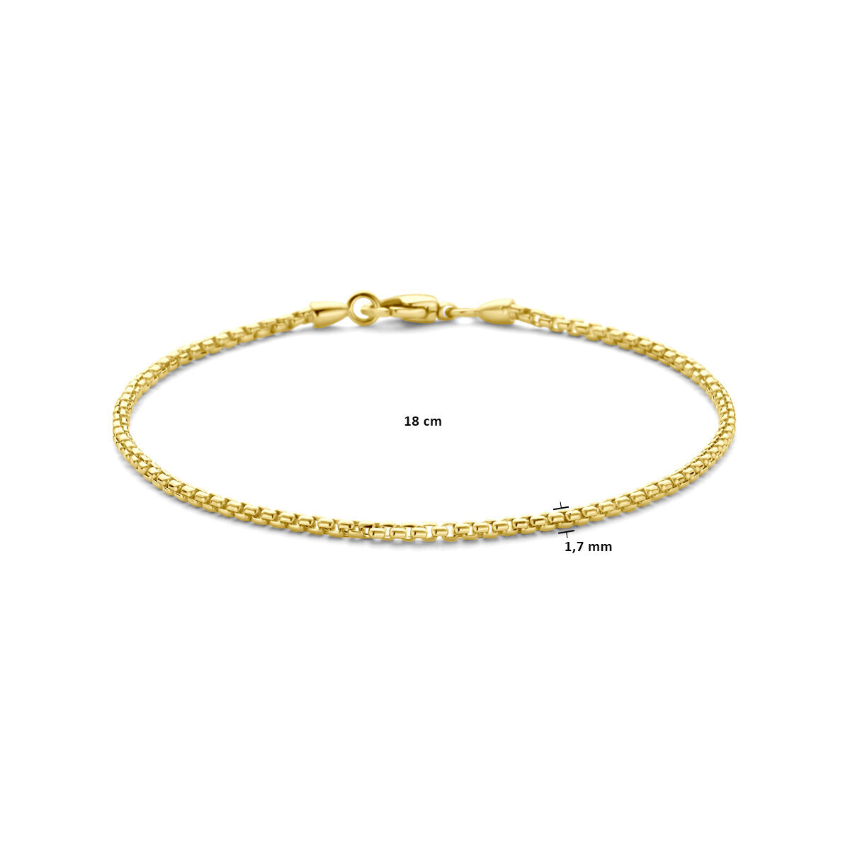 De Gouden armband dames venetiaans bol 14K van Van der Kooij Collectie heeft een 18 cm lange, 1,7 mm brede Venetiaanse schakel met karabijnsluiting en wordt prachtig gepresenteerd op een witte achtergrond.
