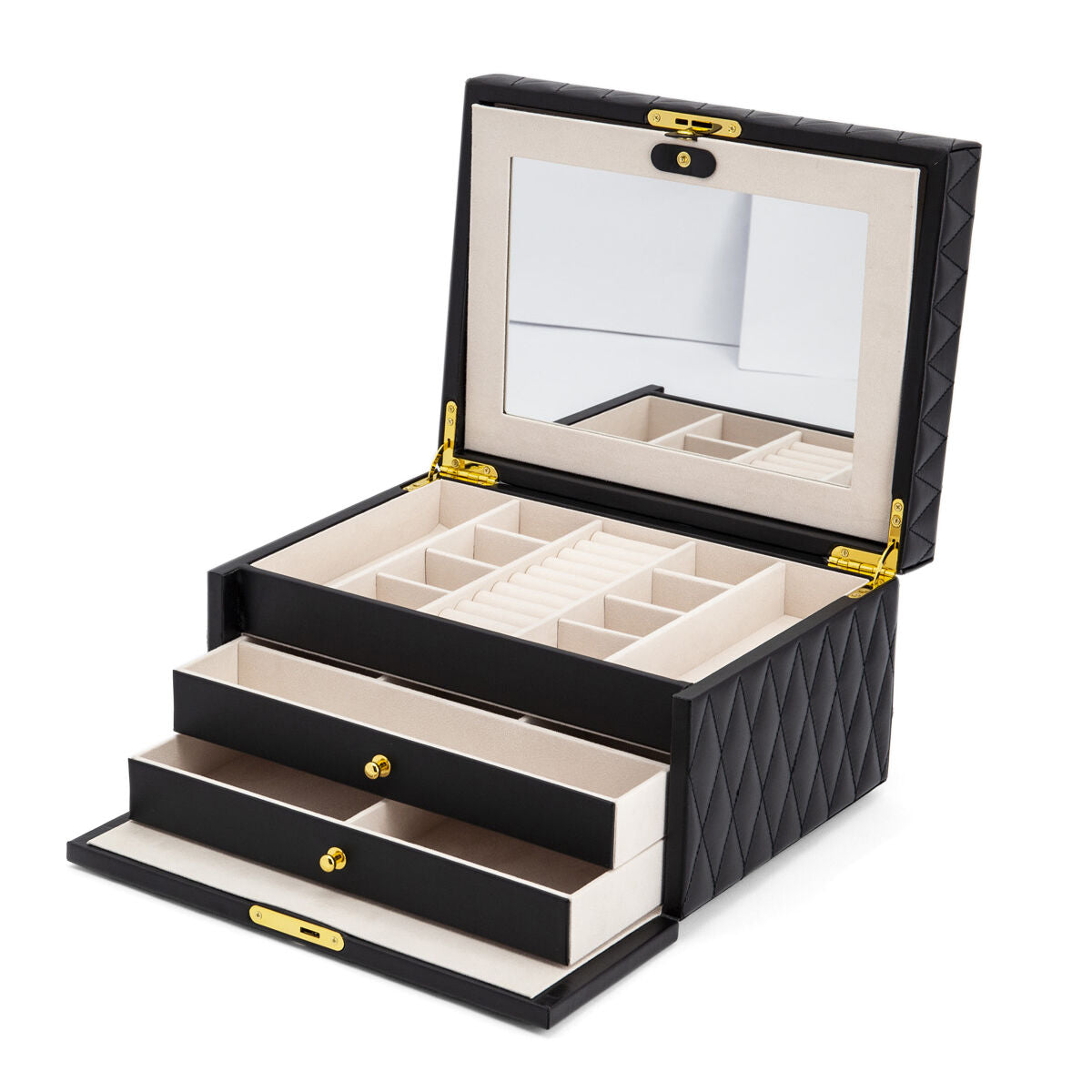 De sieradenbox zwart toebehoren van Van der Kooij Collectie heeft goudkleurige details, een spiegel in het deksel, meerdere vakjes voor ringen en accessoires en twee beige beklede uittrekbare lades.
