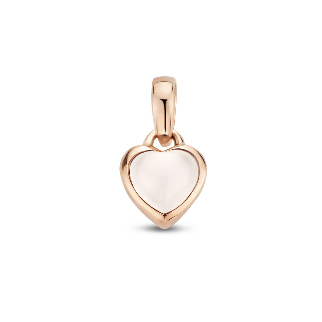 De hanger hart maansteen 14K roségoud van de Van der Kooij Collectie toont een blije, doorschijnende maansteen in een hartvormig ontwerp op een effen witte achtergrond.
