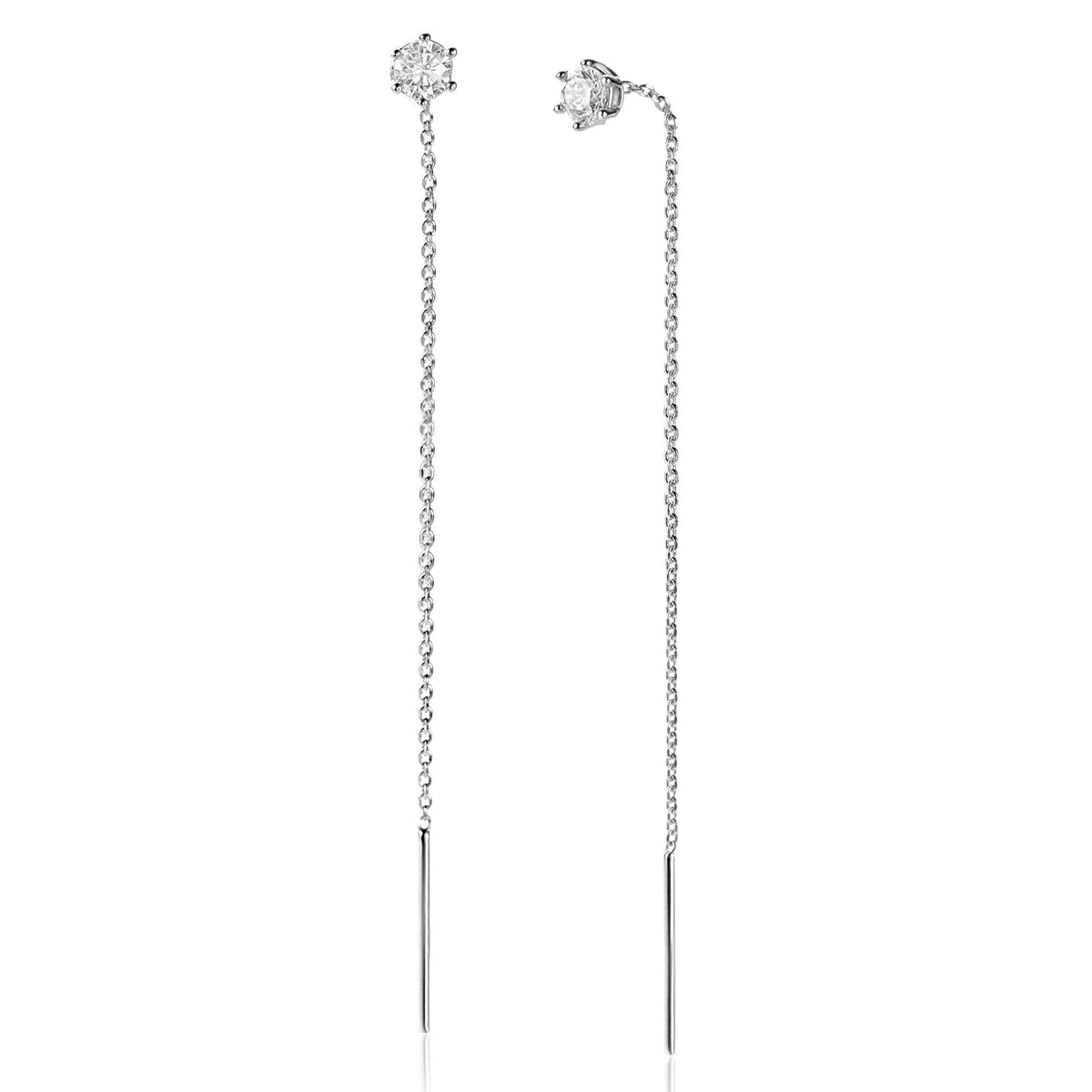 Pendientes largos de plata con detalles brillantes y cadenas delgadas.