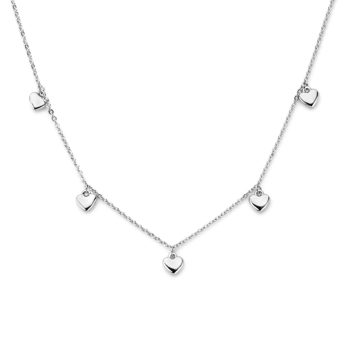 Collar de corazones de plata rodiada, con cinco corazones colgantes en una cadena fina.