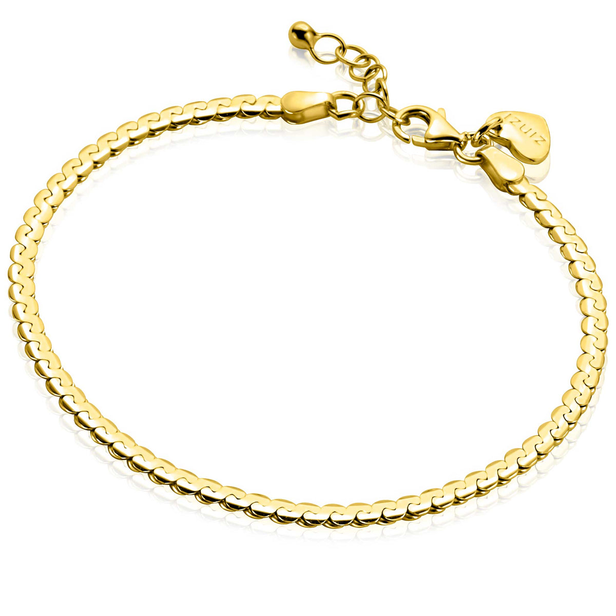 Pulsera de eslabones dorada con cierre de langosta y charm en forma de corazón.