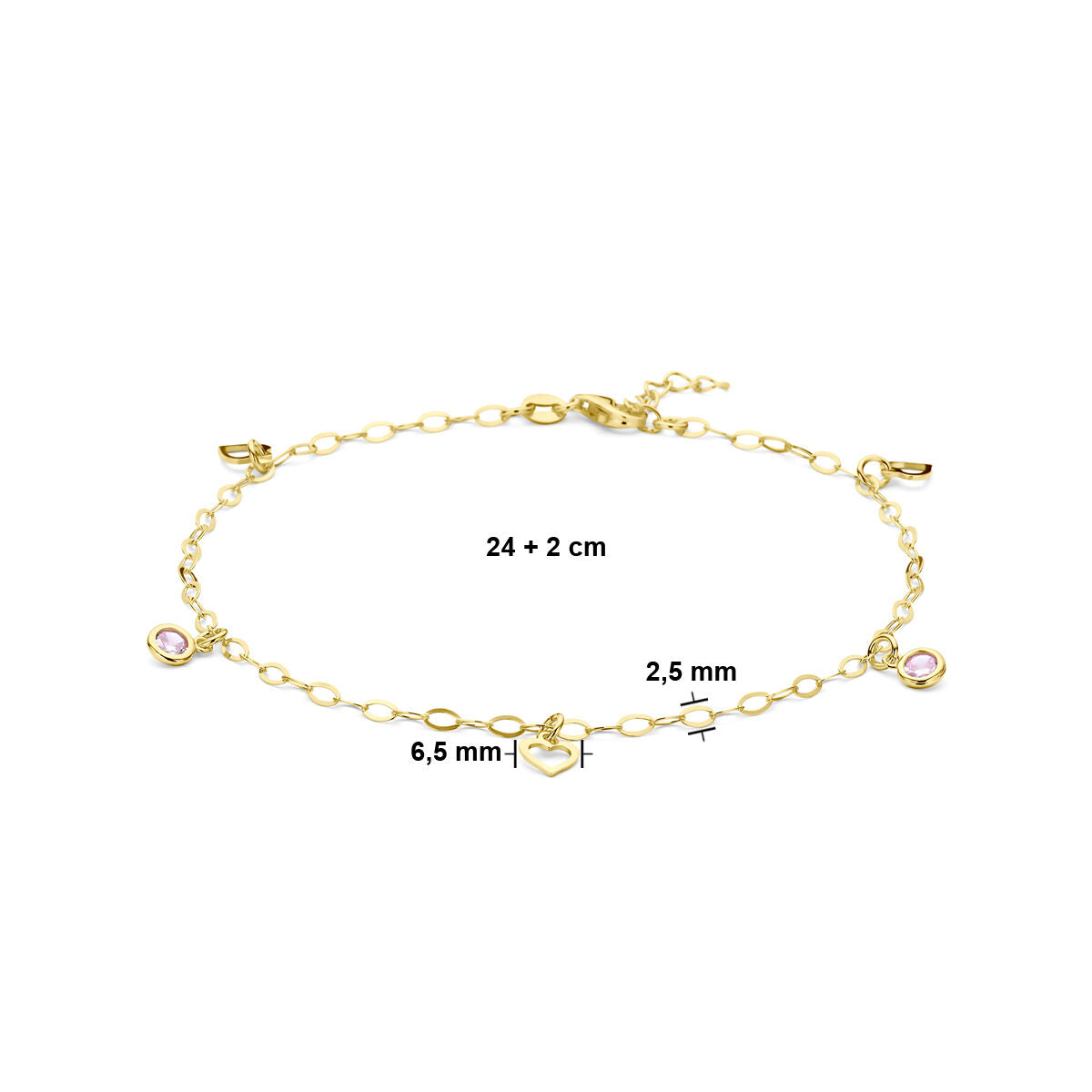 pulsera corazón y circonitas rosas 24 + 2 cm 3 micrones plata chapado en oro amarillo