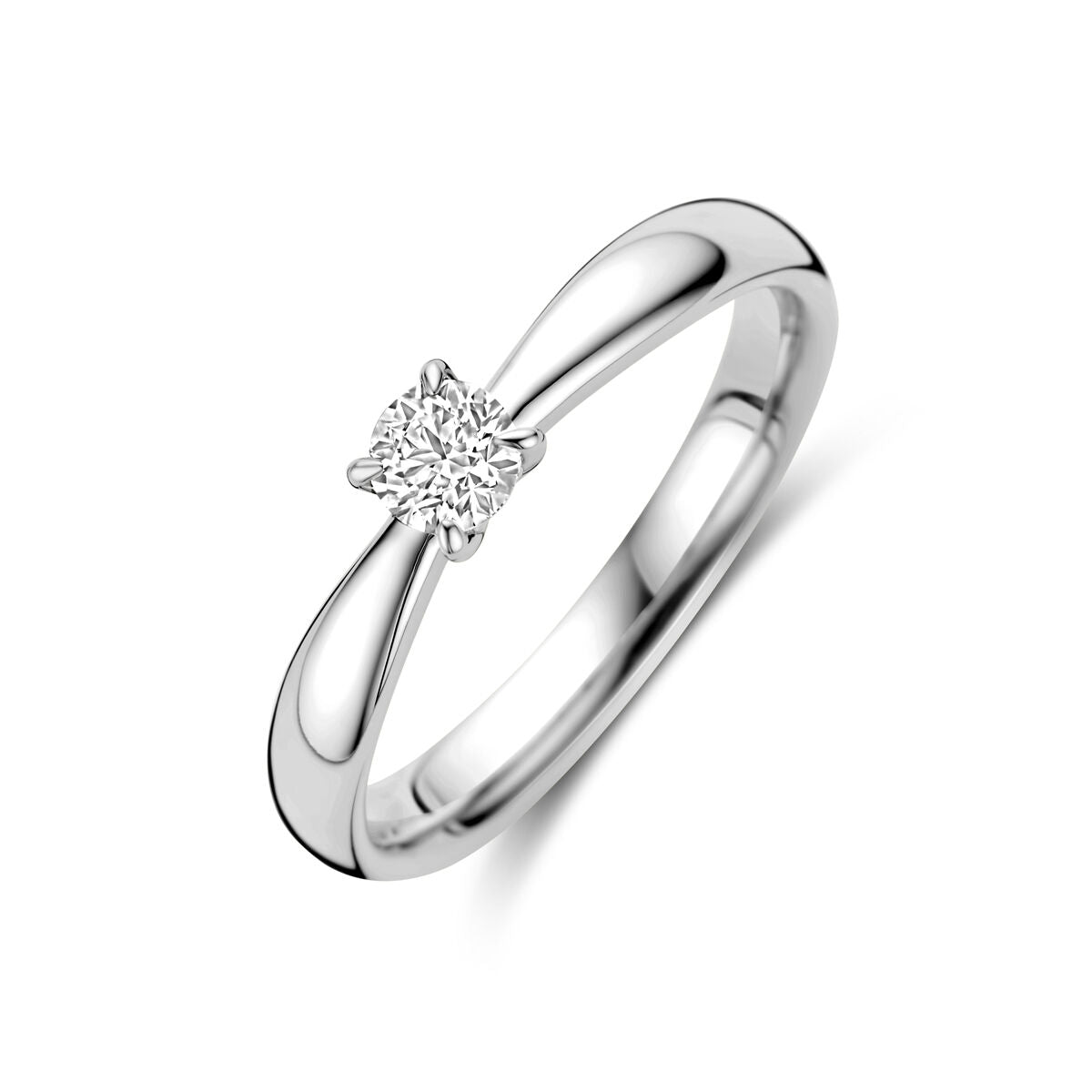 Anillo de compromiso de oro blanco de 14K con diamante de 0.25 ct en forma de flor.
