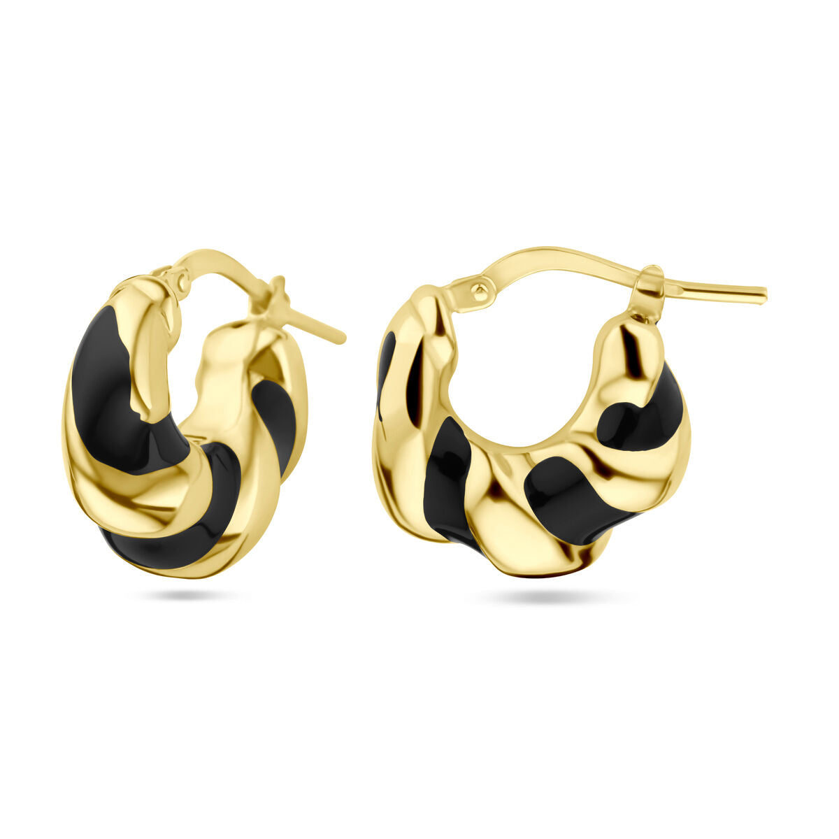Van der Kooij Collectie oorringen gedraaid zwart emaille, verguld met 1 micron geel zilver: goudkleurige hoops met een unieke twist en lichtgewicht zwart emaille accenten.