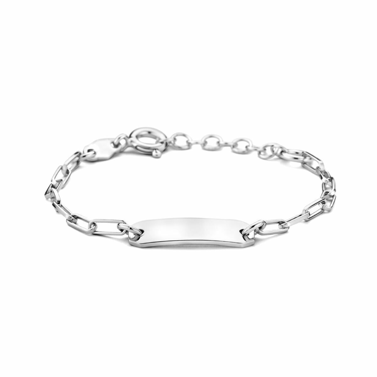 Pulsera de bebé de plata con placa de 5,0 mm, acabado rodiado y eslabones.