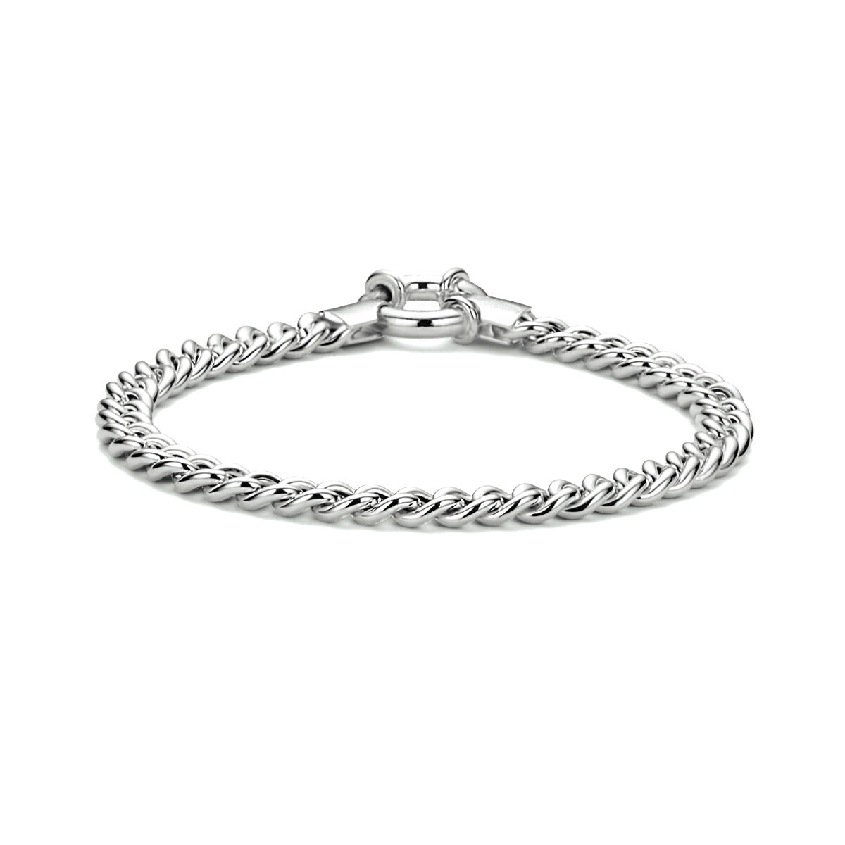 Pulsera gourmette de 5,8 mm y 19 cm con gran cierre de resorte en plata rodiada.