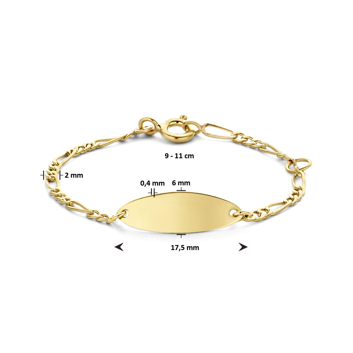 De Van der Kooij Collectie Baby armband plaat 6,0 mm 9K is een unisex gouden graveerarmband met ovale plaat (17,5x6 mm, 0,4 mm dik), figaro ketting (2 mm dik), karabijnsluiting en verstelbare lengte van 9-11 cm.