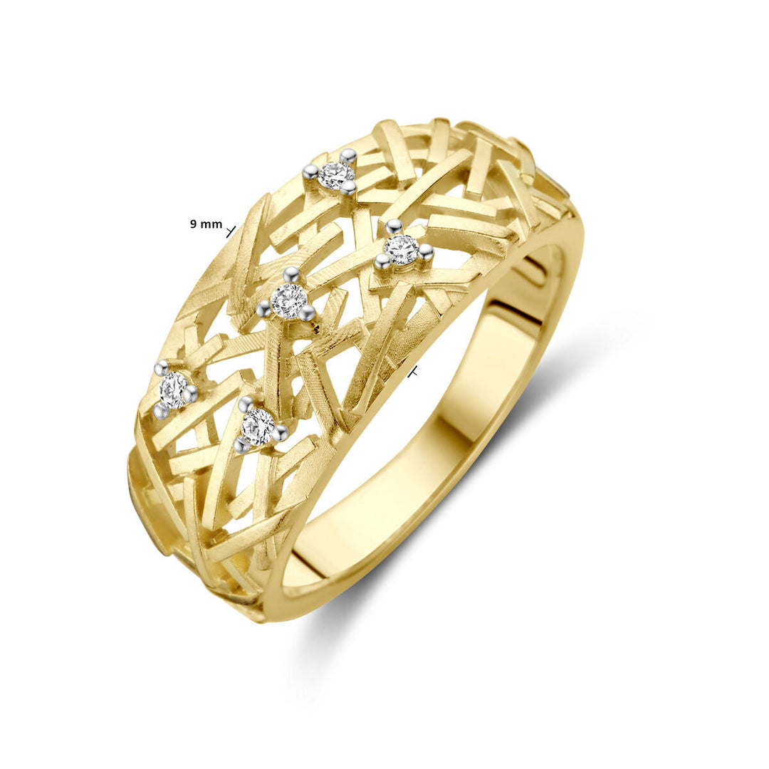 De Van der Kooij Collectie ring diamant 0.06ct H SI in 14K geelgoud is een damesring met een fijn opengewerkt ontwerp en vijf kleine, ronde diamanten. De ring is 9 mm breed.