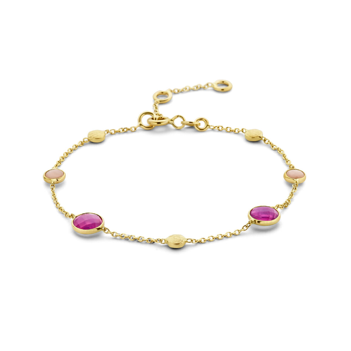 Pulsera dorada de 14K con rubíes, opales y círculos.