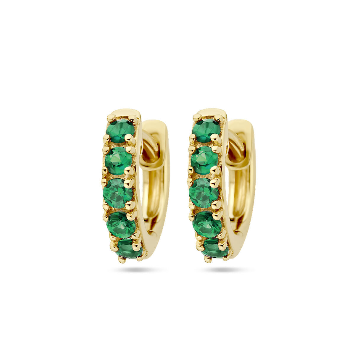 Pendientes de aro de oro amarillo de 14K con esmeraldas verdes.