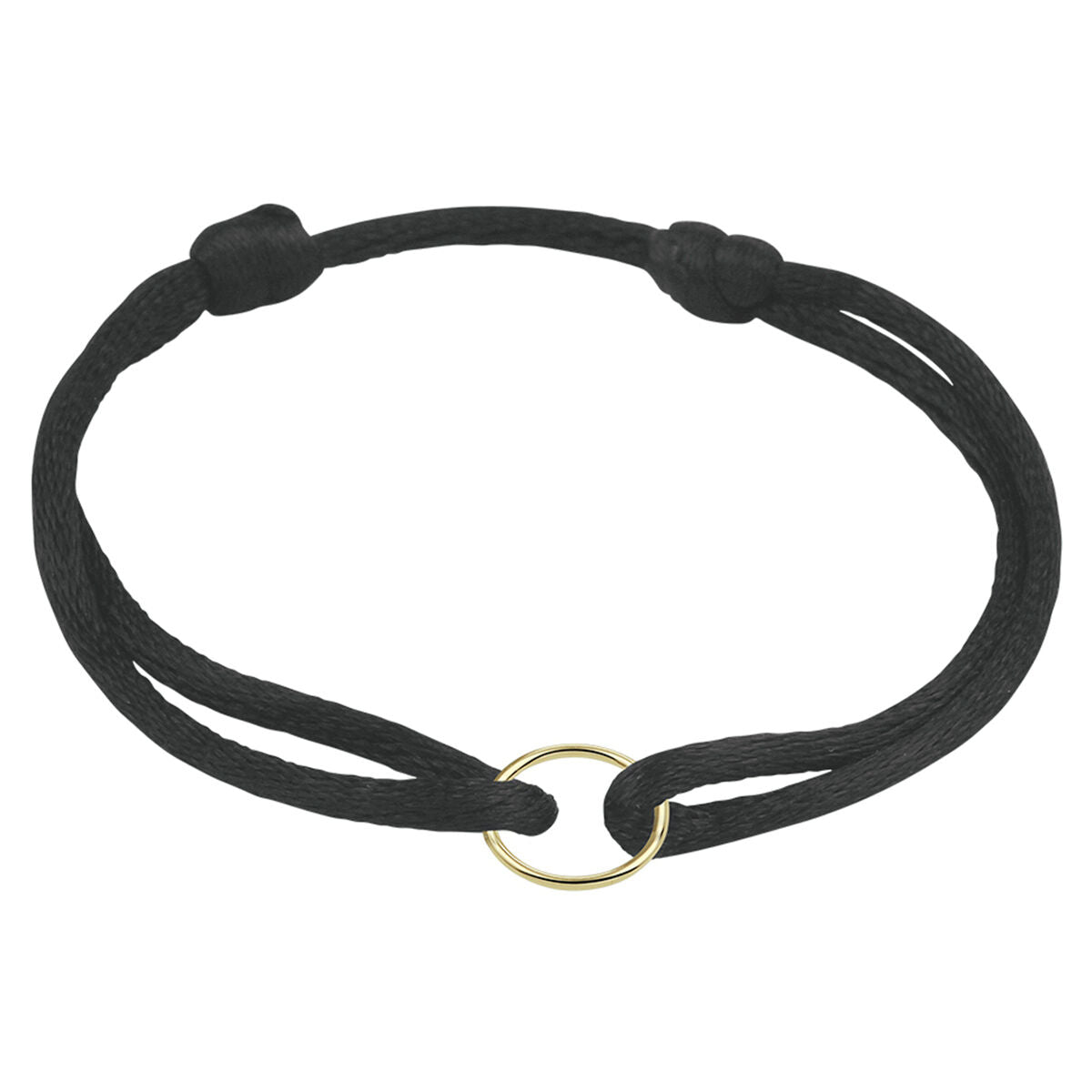 Pulsera de satén negra con un círculo de oro de 14K y detalles de goma/nylon/cuero.