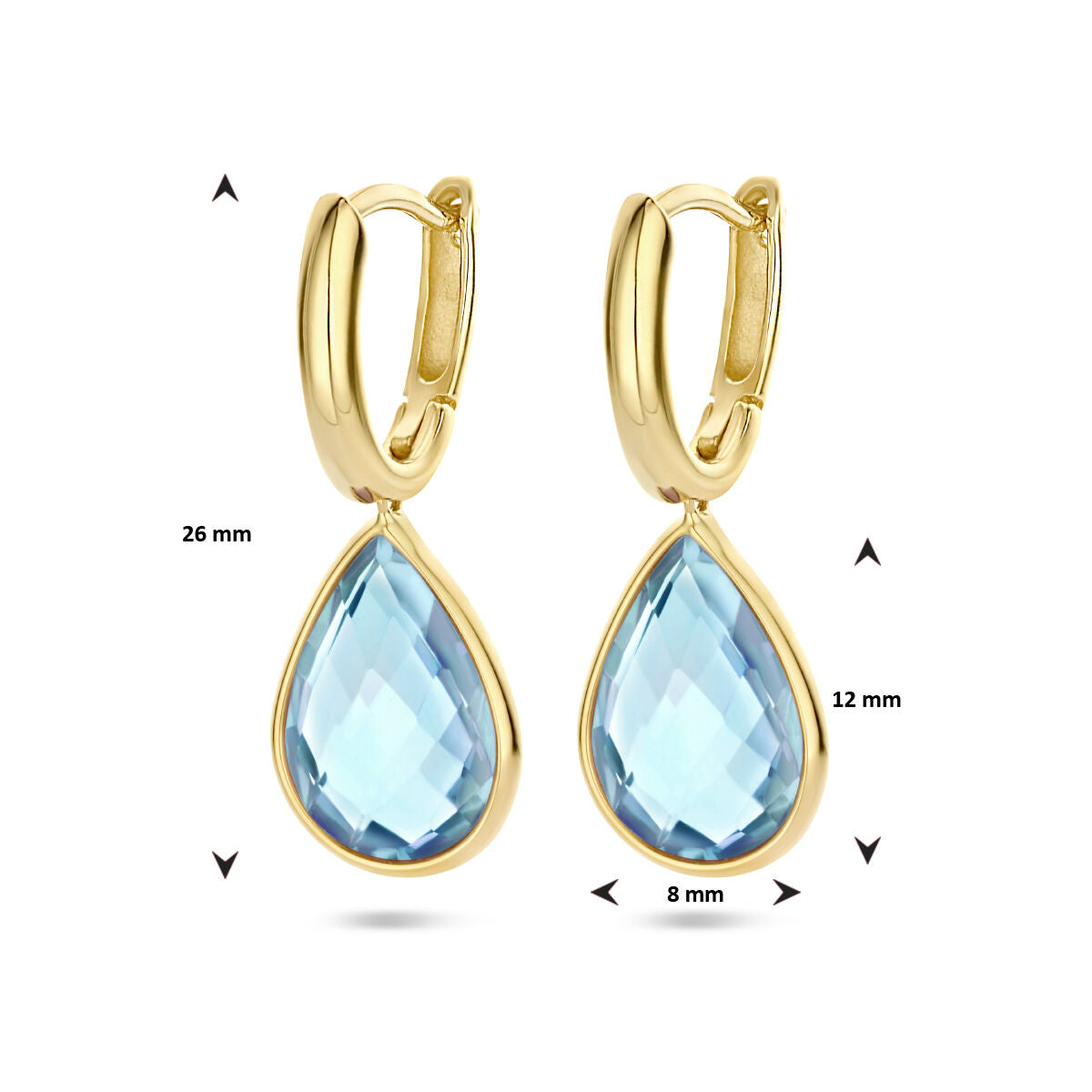 Van der Kooij Collectie klapoorringen blauw topaas 14K geelgoud, elk met een druppelvormige blauwe topaas van 12x8 mm. Totale lengte: 26 mm. Pijlen en maten getoond ter illustratie.