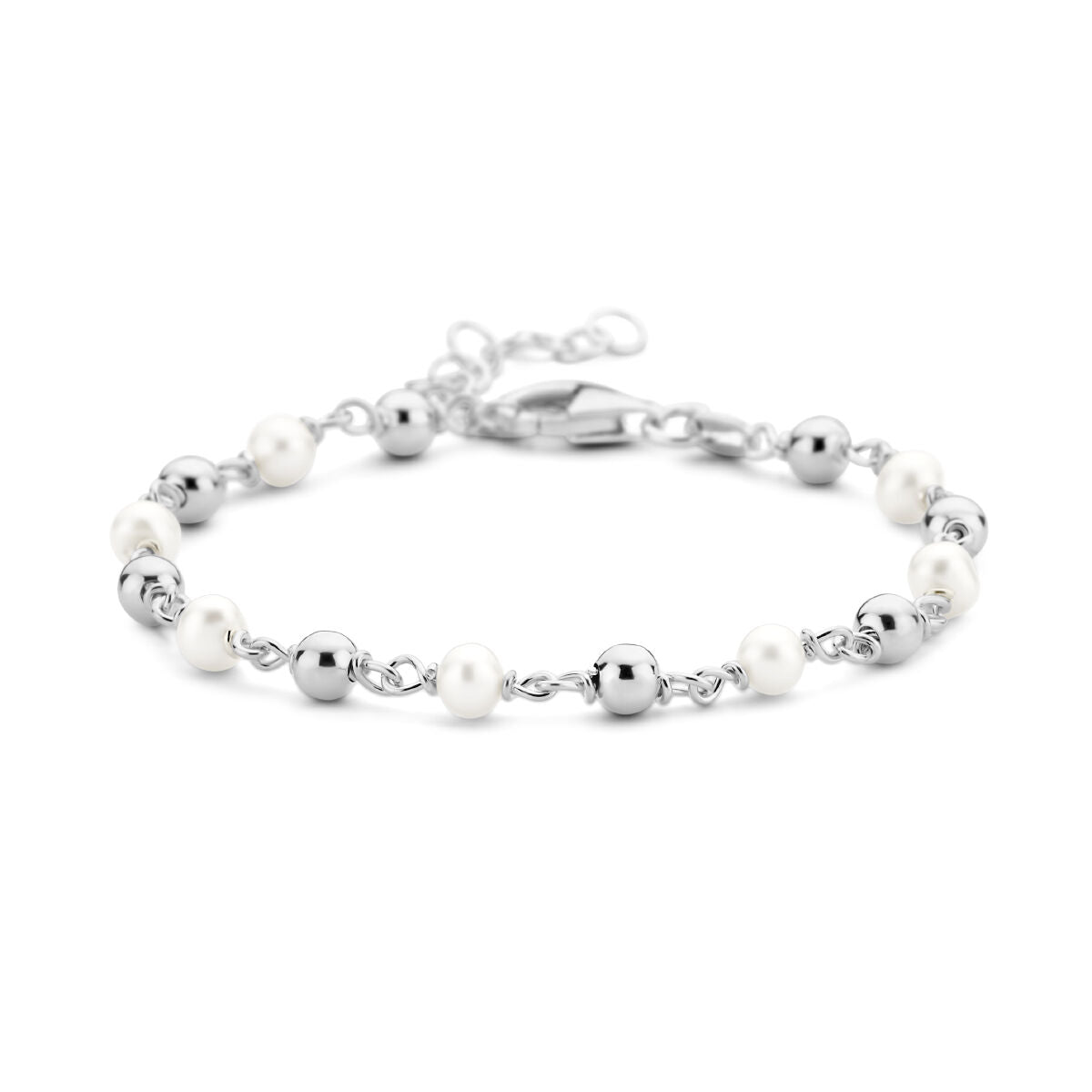 Pulsera de perlas y bolitas en plata rodiada, con un diseño delicado y cierre de langosta.