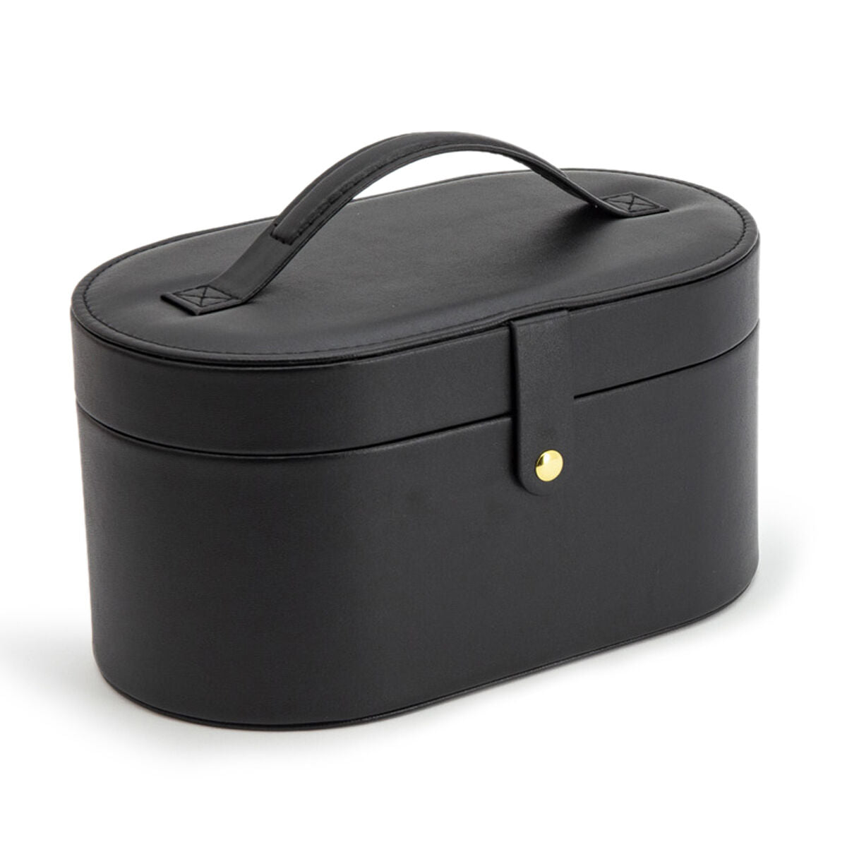 Caja de joyería ovalada negra con tapa y asa, ideal para almacenar accesorios.