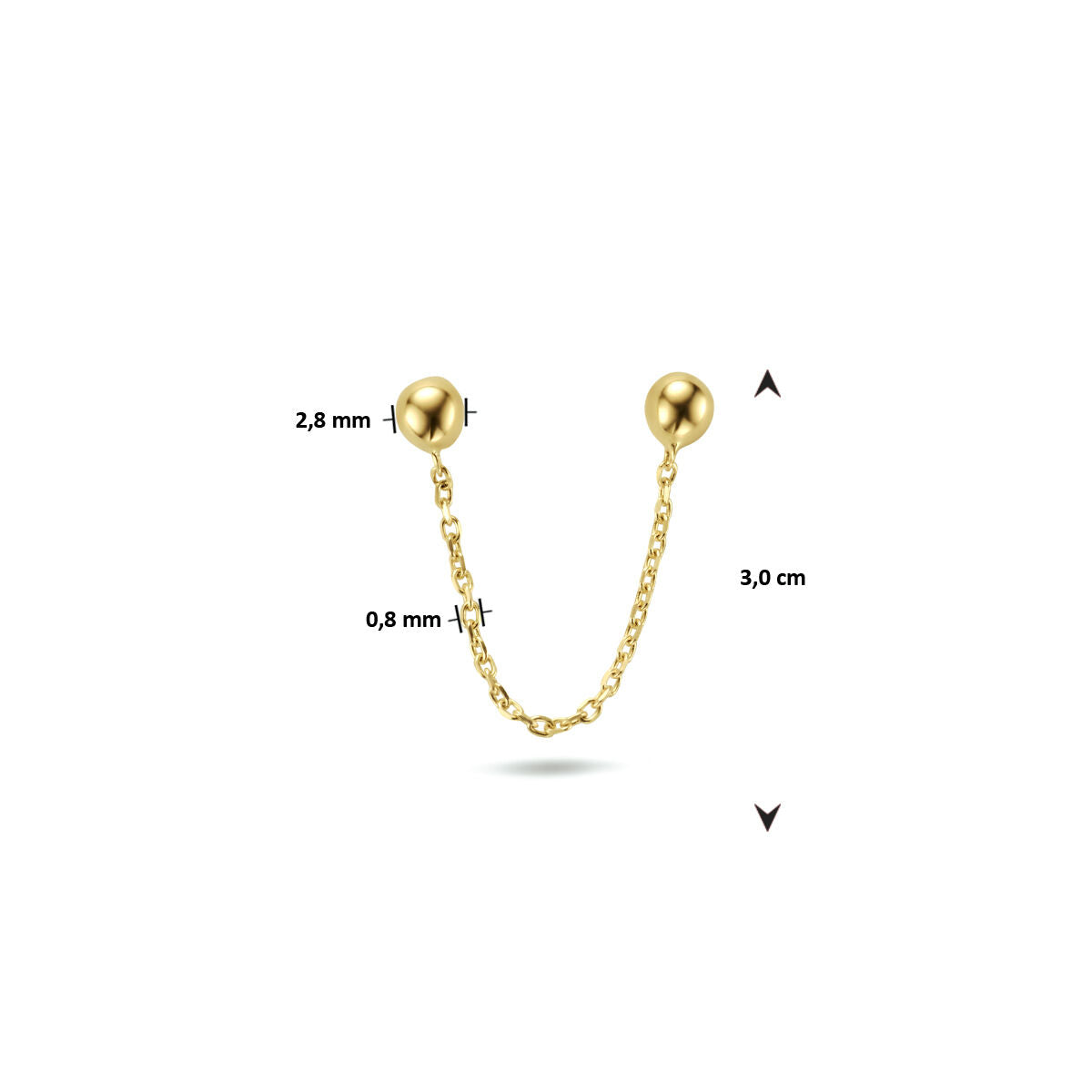 Dubbele oorknop bolletjes 14K geelgoud van Van der Kooij Collectie: gouden ketting oorbel met twee bolletjes van 2,8 mm, kettingdikte 0,8 mm, totaal 3 cm lang. Stijlvolle damesoorbel in geelgouden design. Met maataanduiding op de foto.