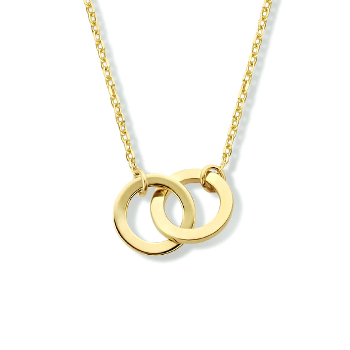 Collar de dos aros en oro amarillo de 14K con cadena delicada, disponible en 40, 42 y 44 cm.