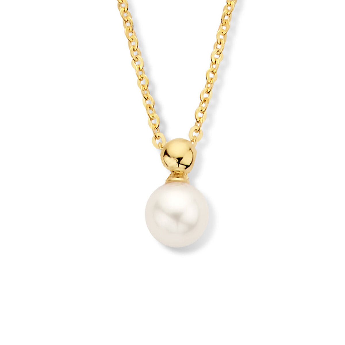Cadena dorada de dama con perla de 14K y colgante esférico.