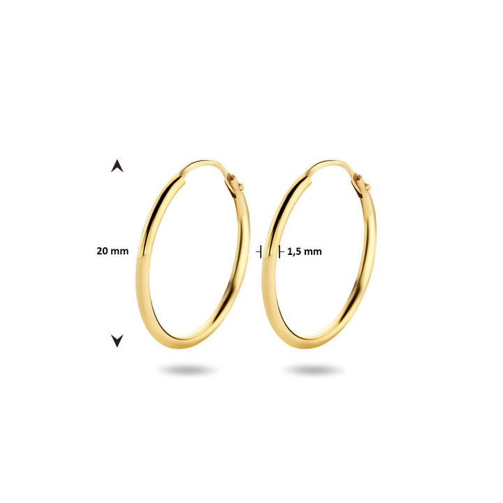 De oorringen 1,5 mm ronde buis van de Van der Kooij Collectie zijn vervaardigd uit 14K geelgoud, hebben een diameter van 20 mm en worden zij aan zij getoond op een witte achtergrond.