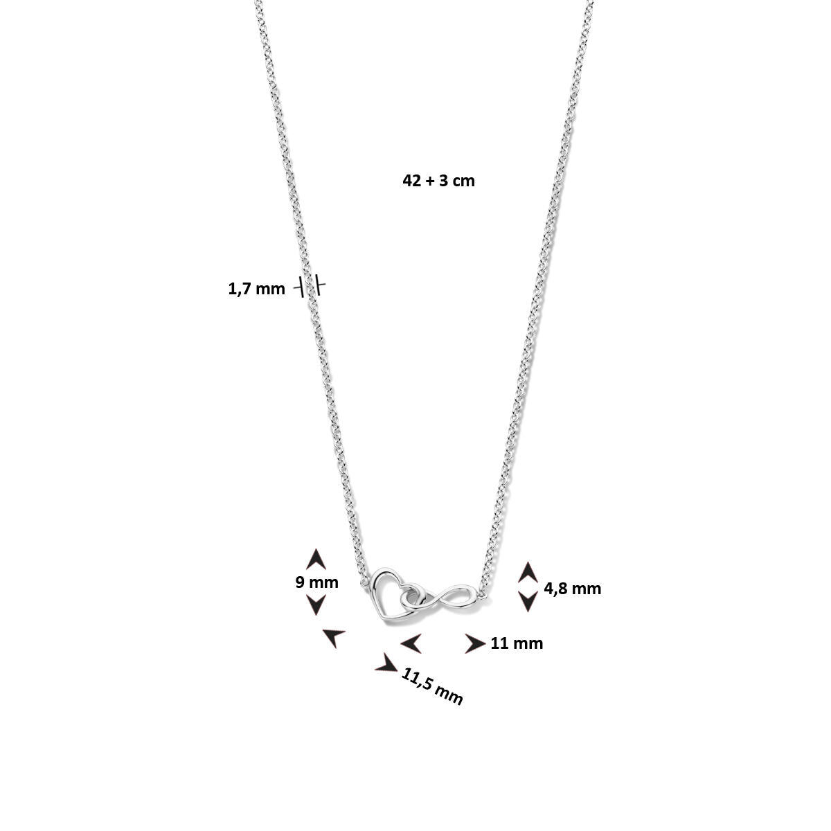 collar corazón e infinito 42 + 3 cm plata rodiada