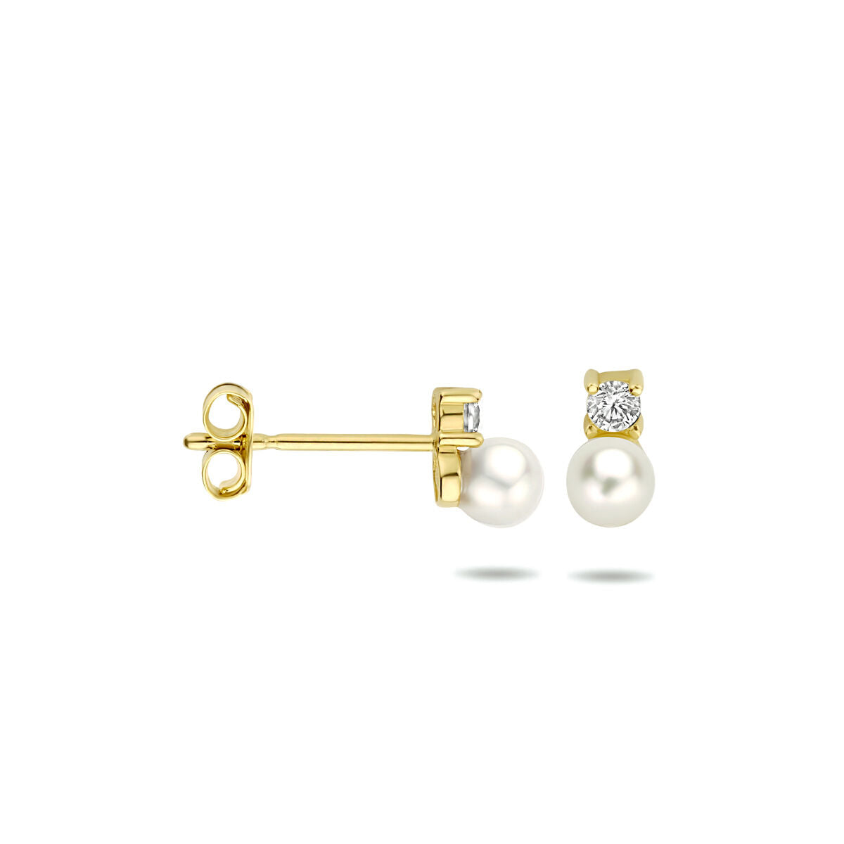 pendientes de botón de perla y circonita en oro amarillo de 14K