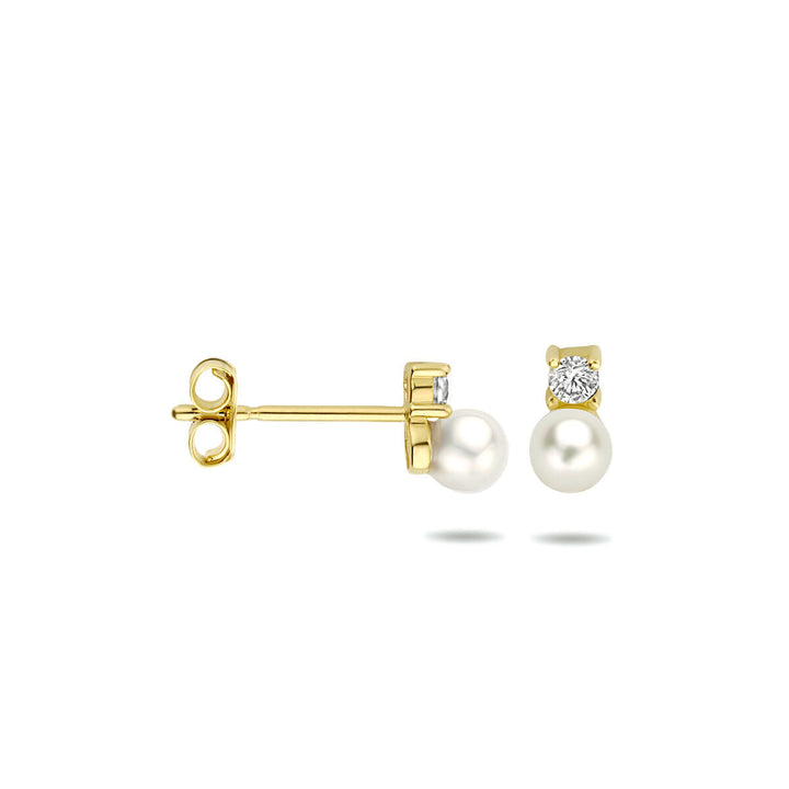 oorknoppen parel en zirkonia 14K geelgoud
