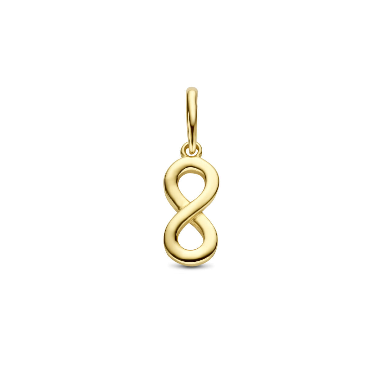 Colgante infinito de oro amarillo de 14 quilates con un diseño fluido y brillante.