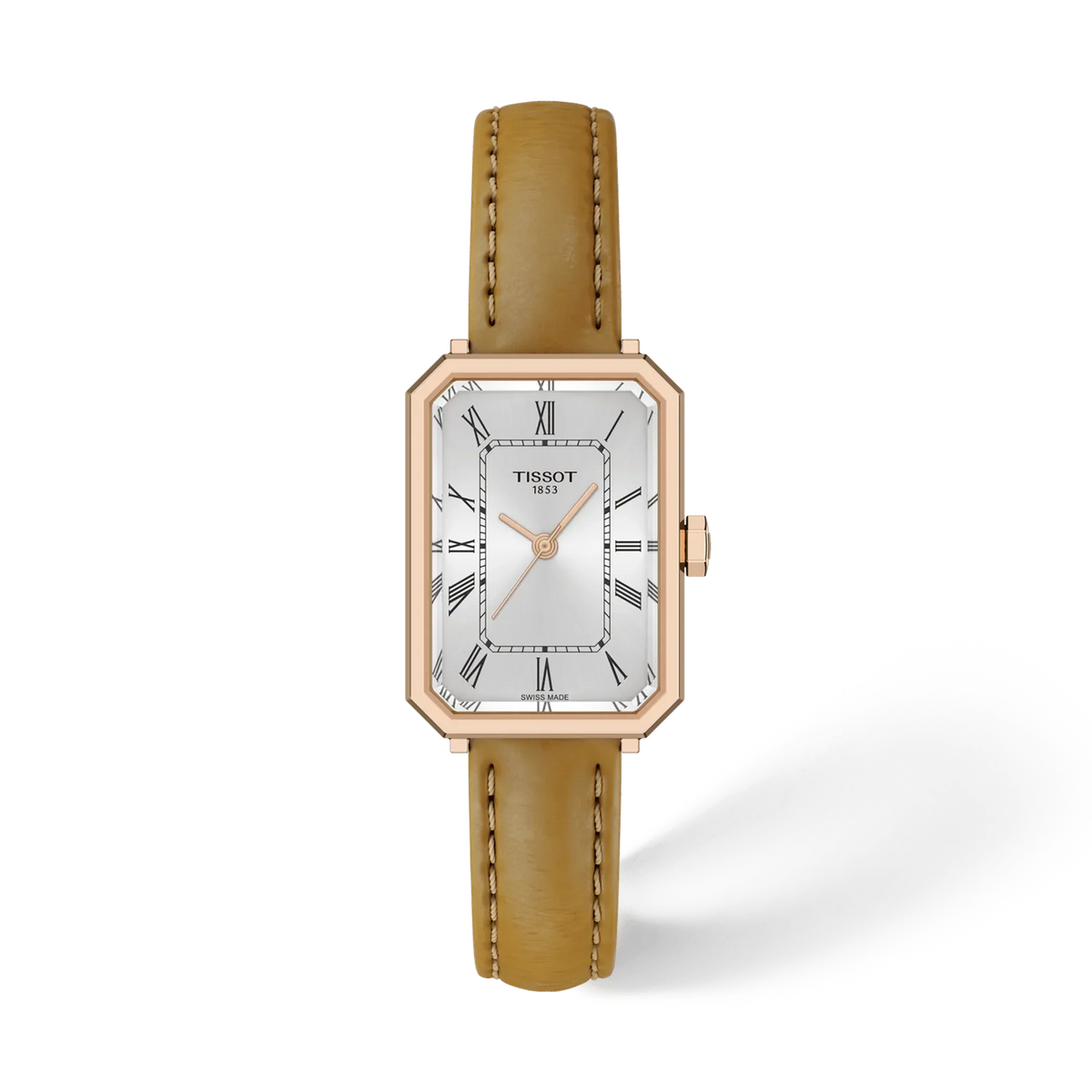 Reloj rectangular Tissot de 30 mm con esfera plateada, números romanos y correa de cuero marrón.