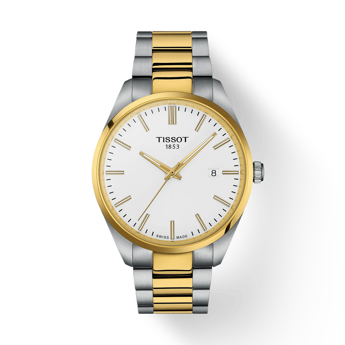 Reloj de hombre Tissot PR 100 de 40 mm con caja bicolor, esfera blanca y correa de acero inoxidable.